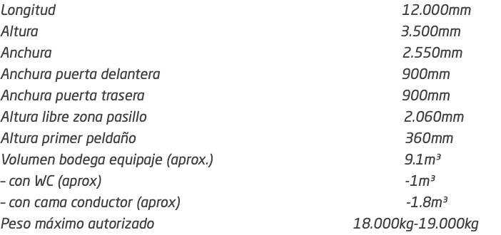 Longitud 12.000mm Altura 3.500mm Anchura 2.550mm Anchura puerta delantera 900mm Anchura puerta trasera 900mm Altura libre zona pasillo 2.060mm Altura primer peldaño 360mm Volumen bodega equipaje (aprox.) 9.1m³ – con WC (aprox) -1m³ – con cama conductor (aprox) -1.8m³ Peso máximo autorizado 18.000kg-19.000kg